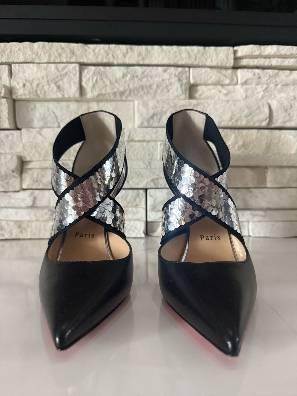 Christian Louboutin Black Pointed Pumps with Silver Sequin Crisscross Straps